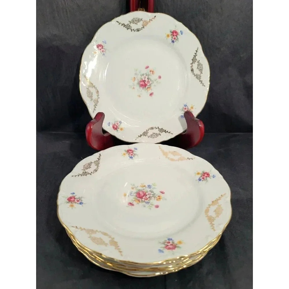 VINTAGE Schirnding Bavaria, 7.5" GOLD GILT FLORAL FLOWER PORCELAIN PLATE Set 6